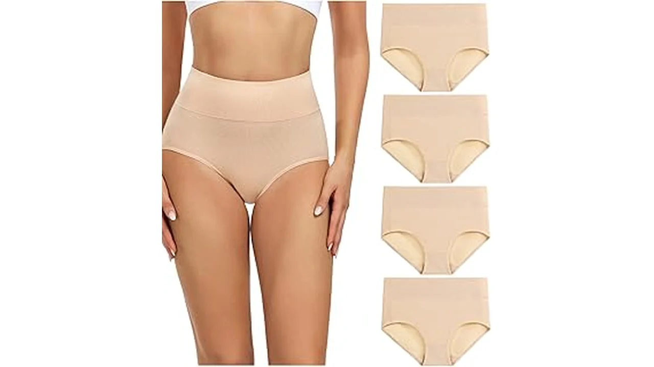 The image shows a selection of comfortable, high-waisted panties offering full coverage, ideal for various sizes.